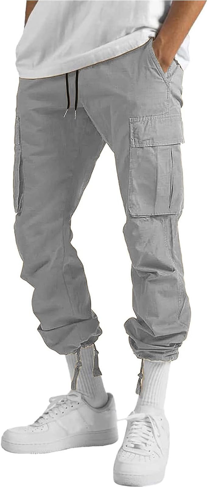 HUNGSON Mens Cargo Pants Drawstring Casual Hiking Pants Joggers Athletic Trousers Cotton Loose Straight Sweatpants for Men Grey - Image 3