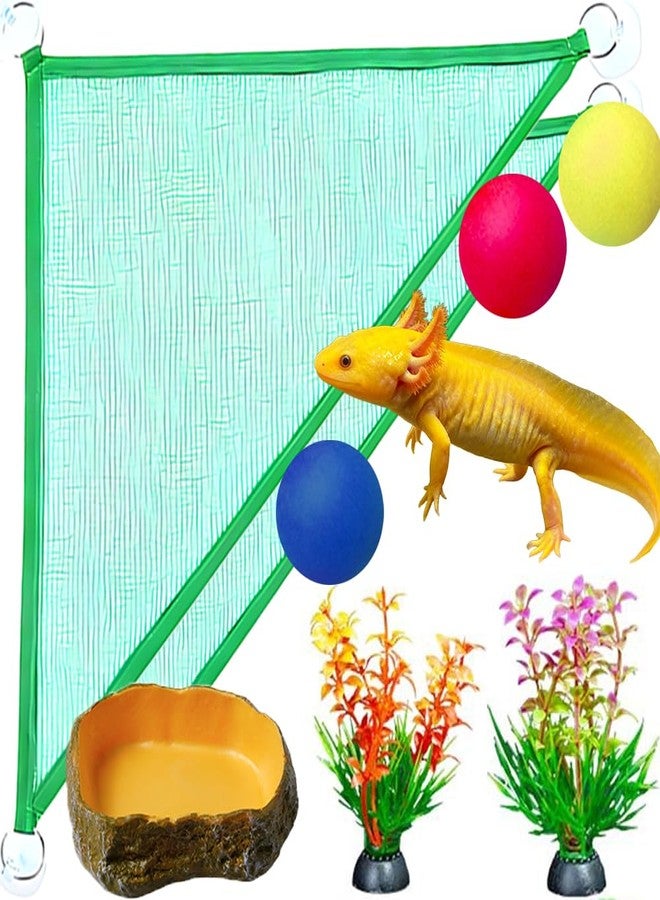 Fejapa 8 pcs Axolotl Hammock with Feeding Dish Floating Ball Axolotl Net for Aquarium Axolotl Enrichment Toys Reptile Triangle Hammocks Lounger Ladder Breathable Mesh Bearded Dragon Tank Accessories Green M - Image 1