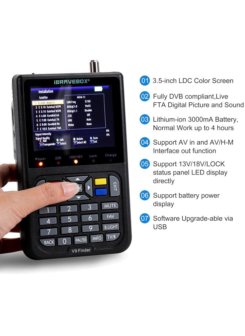 جهاز قياس إشارة الأقمار الصناعية الرقمي V9، مزود ببطارية ليثيوم أيون مدمجة، وشاشة LCD مقاس 3.5 بوصة، ودقة عرض كاملة 16 بت، وذاكرة وصول عشوائي 64 ميجابايت وذاكرة وصول عشوائي 1 جيجابايت وذاكرة DDR3 للتلفزيون الفضائي (أسود)