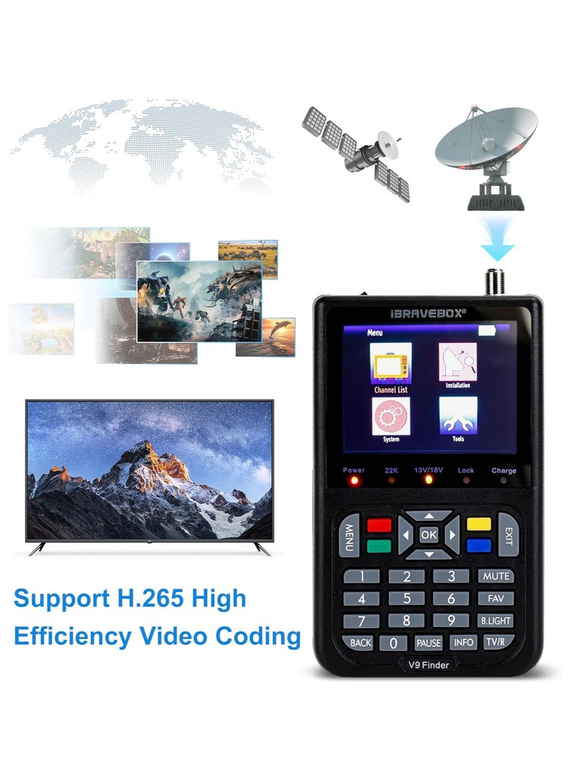 جهاز قياس إشارة الأقمار الصناعية الرقمي V9، مزود ببطارية ليثيوم أيون مدمجة، وشاشة LCD مقاس 3.5 بوصة، ودقة عرض كاملة 16 بت، وذاكرة وصول عشوائي 64 ميجابايت وذاكرة وصول عشوائي 1 جيجابايت وذاكرة DDR3 للتلفزيون الفضائي (أسود)