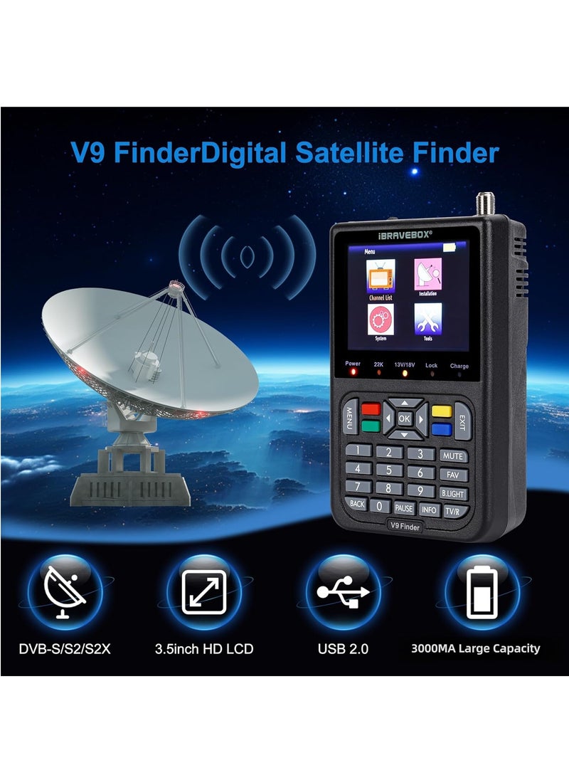جهاز قياس إشارة الأقمار الصناعية الرقمي V9، مزود ببطارية ليثيوم أيون مدمجة، وشاشة LCD مقاس 3.5 بوصة، ودقة عرض كاملة 16 بت، وذاكرة وصول عشوائي 64 ميجابايت وذاكرة وصول عشوائي 1 جيجابايت وذاكرة DDR3 للتلفزيون الفضائي (أسود)