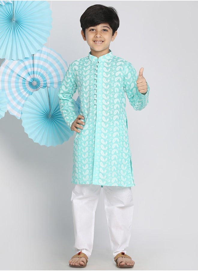 PRASHA - Boys' Green And White Kurta Pyjama Set - Image 1
