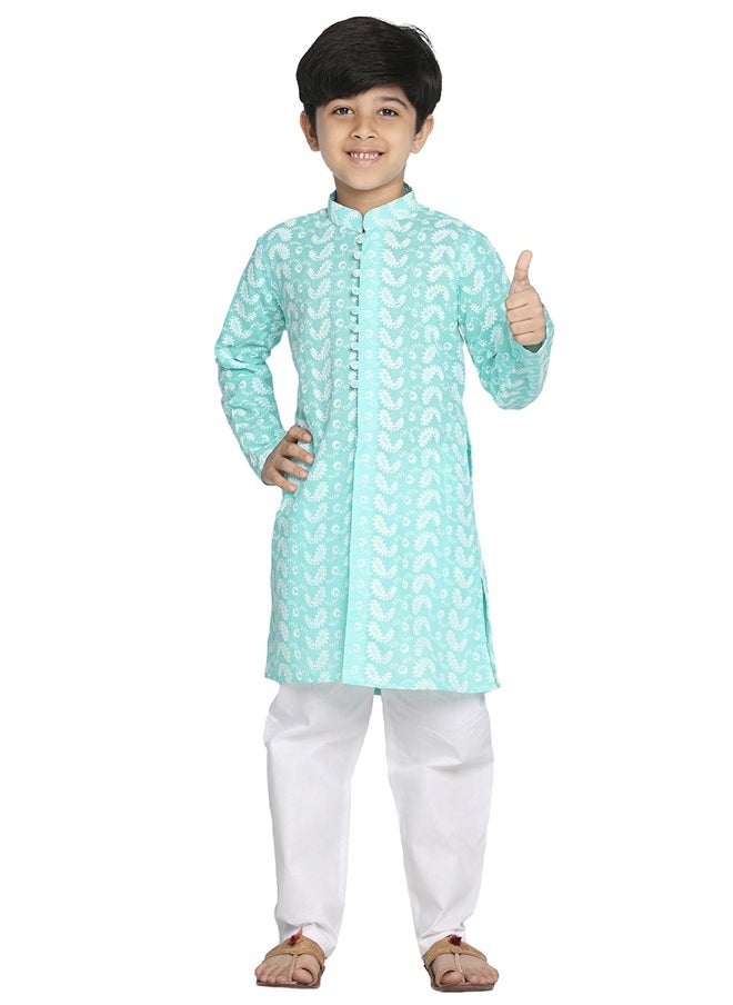 PRASHA - Boys' Green And White Kurta Pyjama Set - Image 1