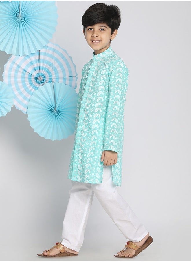 PRASHA - Boys' Green And White Kurta Pyjama Set - Image 1