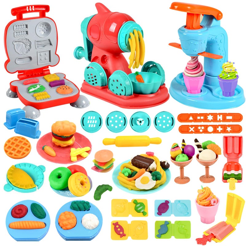 Crelloci 3 in 1 Color Dough Kitchen Creations Set Ice Cream Spaghetti Burger Maker Machine Art Crafts Food Modeling Toys Accessories Tools Kit for Boys Girls Kids Toddlers Ages 3 12 Colors Dough - Image 2