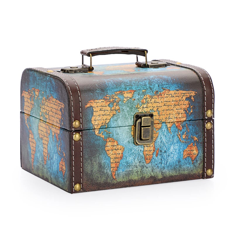 ELLDOO Decorative Treasure Chest Box, Wooden + PU Leather Storage Box for Jewelry Trinkets, Keepsakes box for Girls Women Gifts (Green Map Pattern) - Image 1