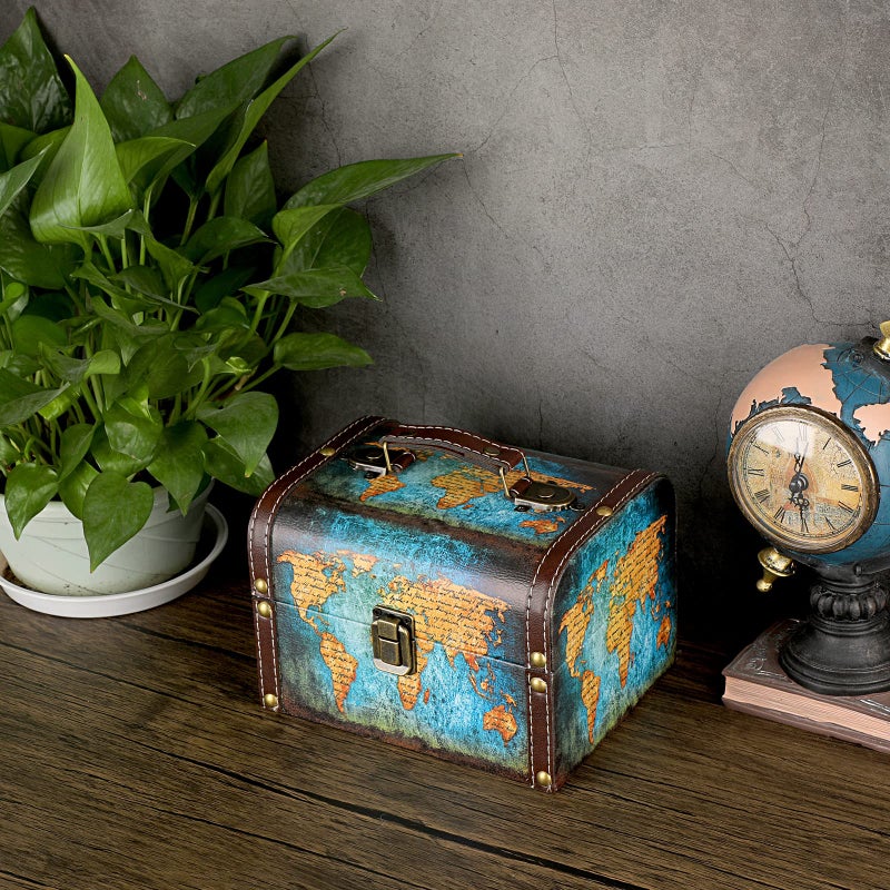 ELLDOO Decorative Treasure Chest Box, Wooden + PU Leather Storage Box for Jewelry Trinkets, Keepsakes box for Girls Women Gifts (Green Map Pattern) - Image 5