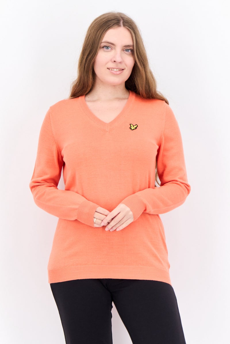 Lyle & Scott Women V-Neck Brand Logo Sweater, Coral - Image 1