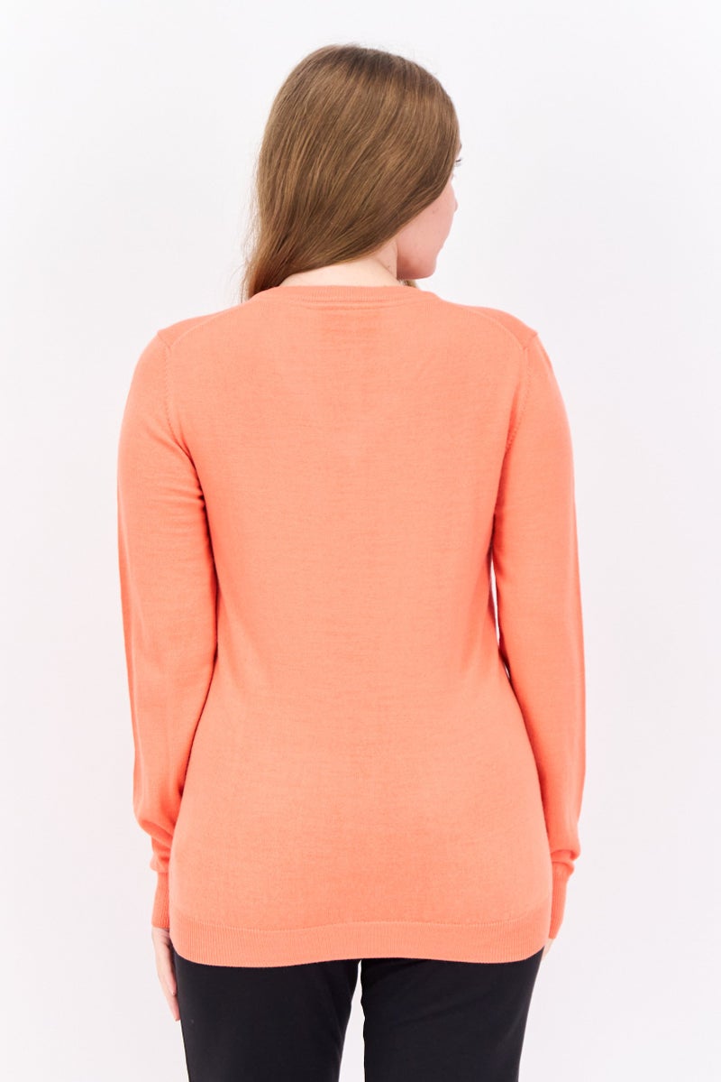 Lyle & Scott Women V-Neck Brand Logo Sweater, Coral - Image 3