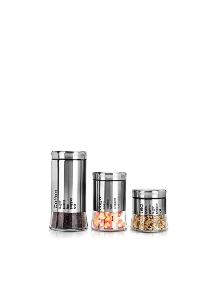 Stainless Steel Storage Jar Airtight Glass Storage Tank Grain Tea Tank Moisture-Proof Light Fruit Powder Dried Fruit Storage Box Coffee Tank 3 Piece Set (Silver)