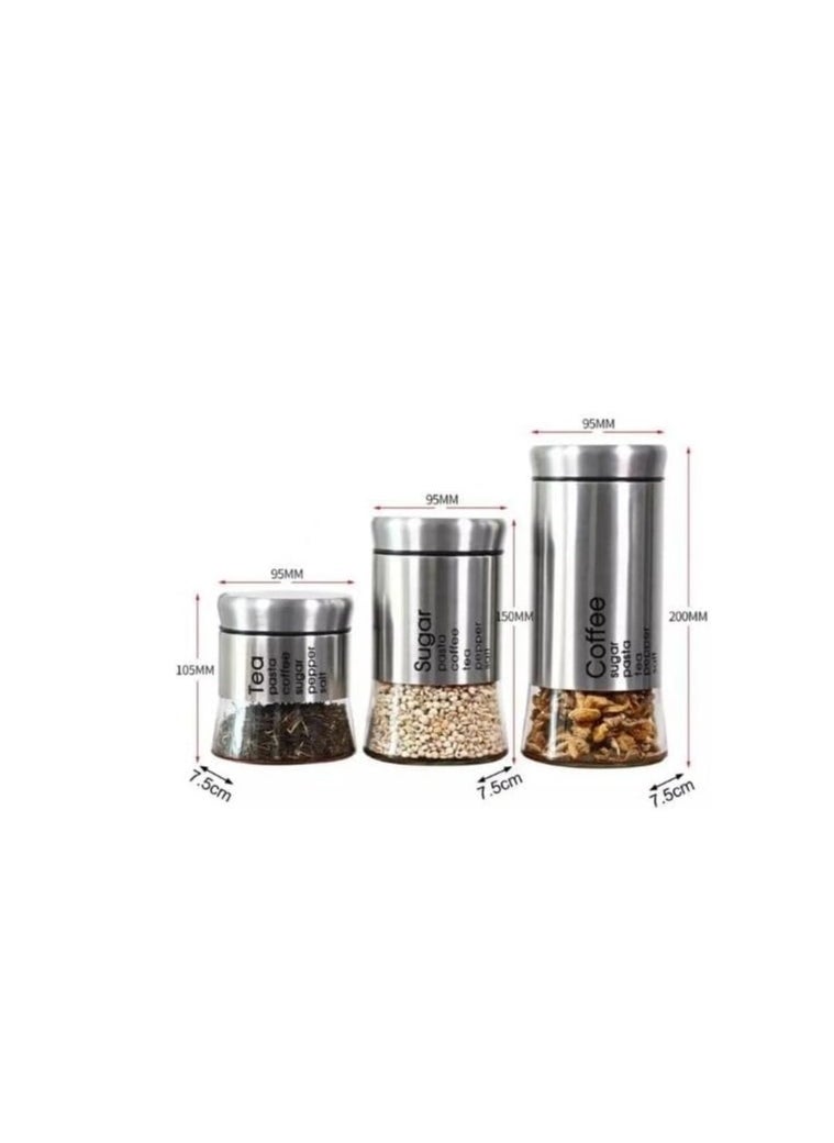 Stainless Steel Storage Jar Airtight Glass Storage Tank Grain Tea Tank Moisture-Proof Light Fruit Powder Dried Fruit Storage Box Coffee Tank 3 Piece Set (Silver)