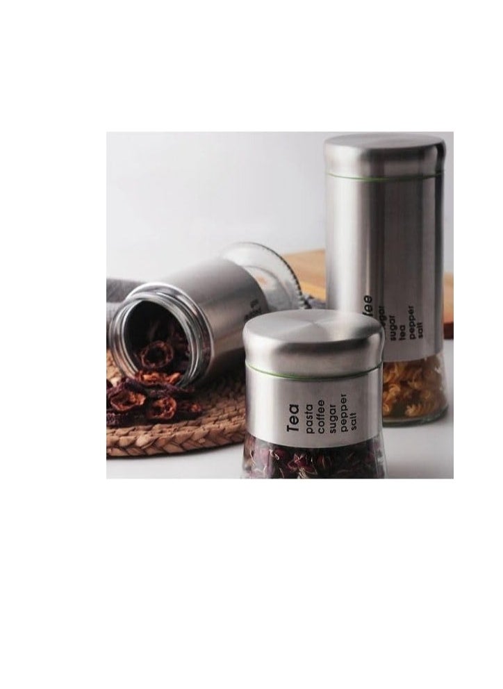 Stainless Steel Storage Jar Airtight Glass Storage Tank Grain Tea Tank Moisture-Proof Light Fruit Powder Dried Fruit Storage Box Coffee Tank 3 Piece Set (Silver)