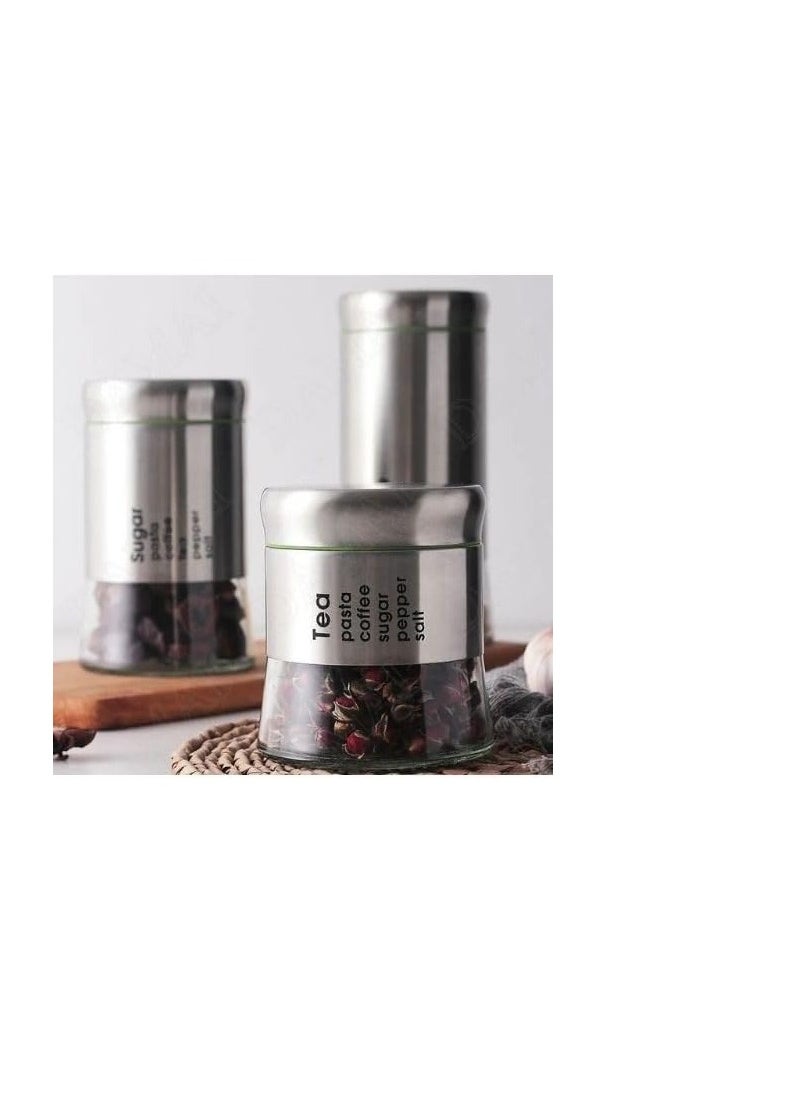 Stainless Steel Storage Jar Airtight Glass Storage Tank Grain Tea Tank Moisture-Proof Light Fruit Powder Dried Fruit Storage Box Coffee Tank 3 Piece Set (Silver)