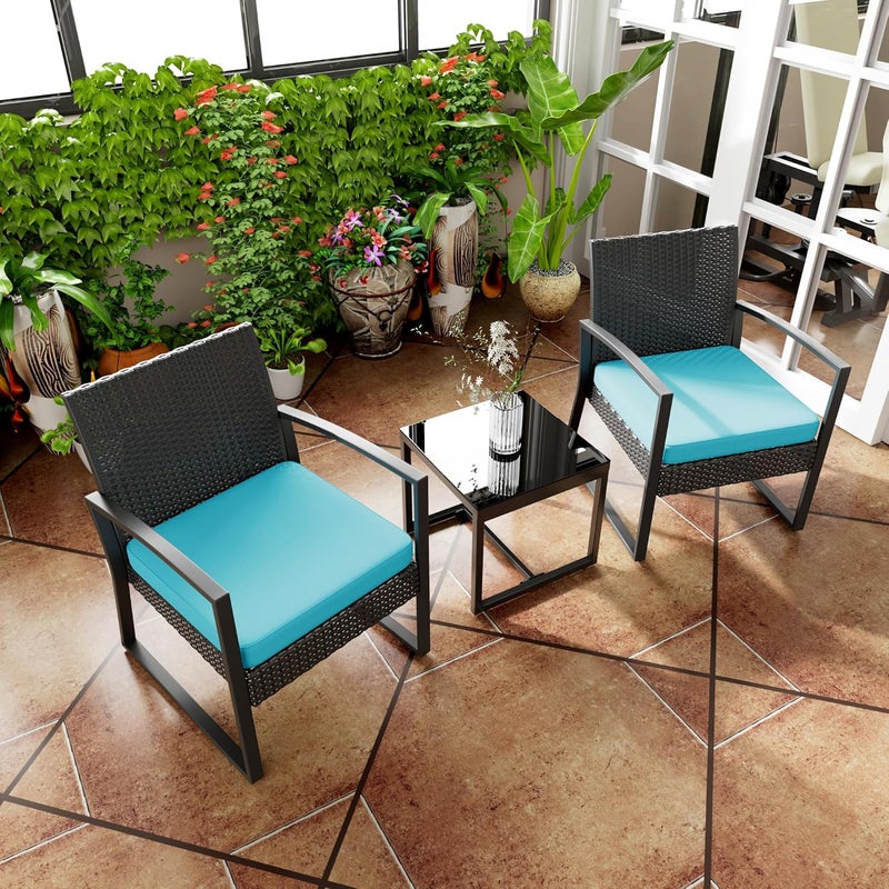 Harmony Home طقم بيسترو خارجي من الروطان 3 قطع من هارموني هوم مع وسائد زرقاء – كراسي فناء من خوص وطاولة جانبية – أثاث حديقة للشرفة، الفناء الخلفي، التراس، الشرفة وحافة المسبح - Image 2