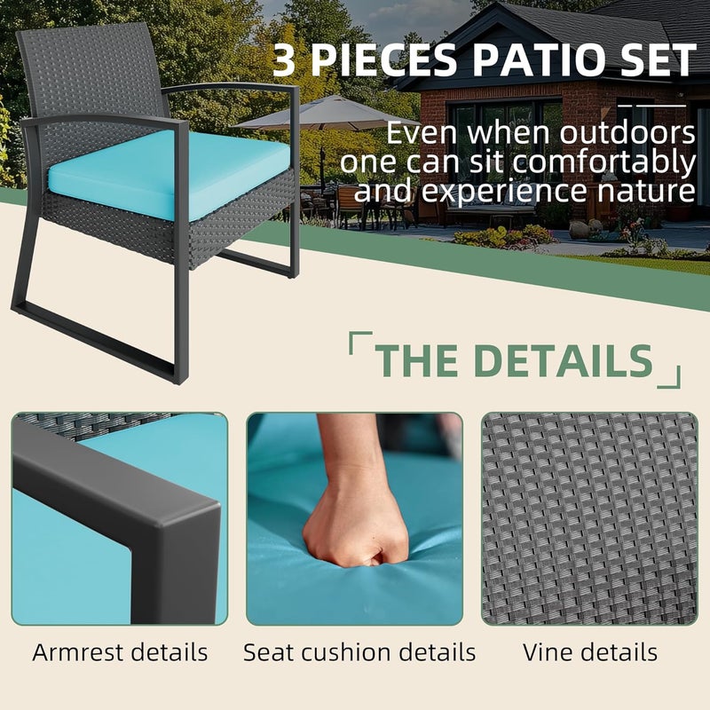 Harmony Home طقم بيسترو خارجي من الروطان 3 قطع من هارموني هوم مع وسائد زرقاء – كراسي فناء من خوص وطاولة جانبية – أثاث حديقة للشرفة، الفناء الخلفي، التراس، الشرفة وحافة المسبح - Image 5