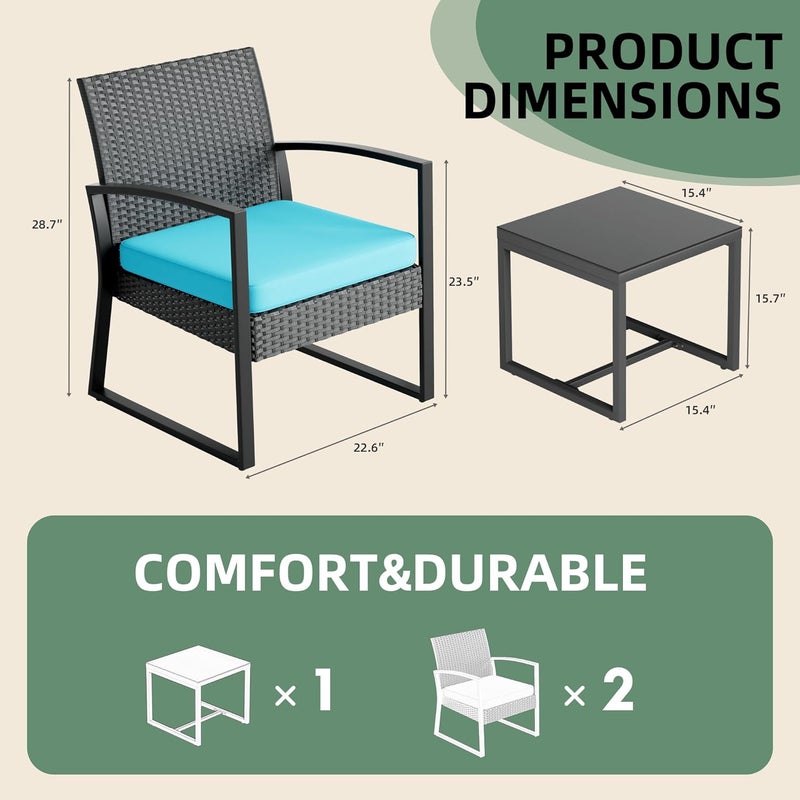 Harmony Home طقم بيسترو خارجي من الروطان 3 قطع من هارموني هوم مع وسائد زرقاء – كراسي فناء من خوص وطاولة جانبية – أثاث حديقة للشرفة، الفناء الخلفي، التراس، الشرفة وحافة المسبح - Image 4
