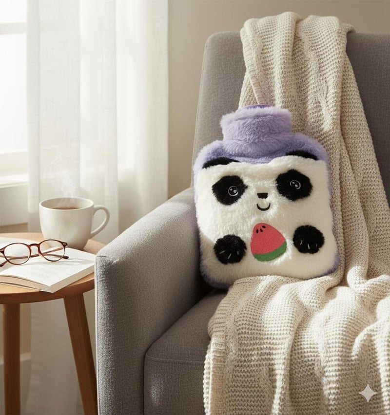 SID MAGIC 1000ml Cozy Panda Fleece Hot Water Bottle | Kawaii Fruit Design Warm Bag for Winter, Back/Neck Pain Relief, and Soothing Heat Therapy | Leakproof & Safe (Purple) - Image 2