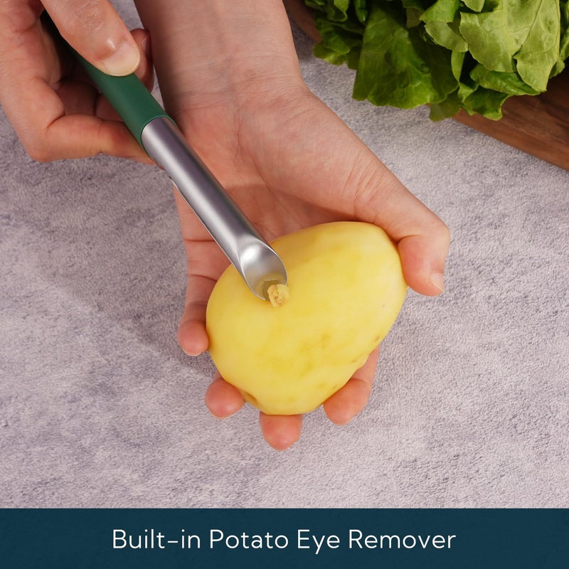 KITCHENDAO Swivel Vegetable Potato Peeler for Kitchen, Japanese Stainless Steel Sharp Blade, Heavy Duty Die-cast Construction, Built-in Eye Remover, Soft-touch Handle, Dishwasher Safe, Green - Image 3