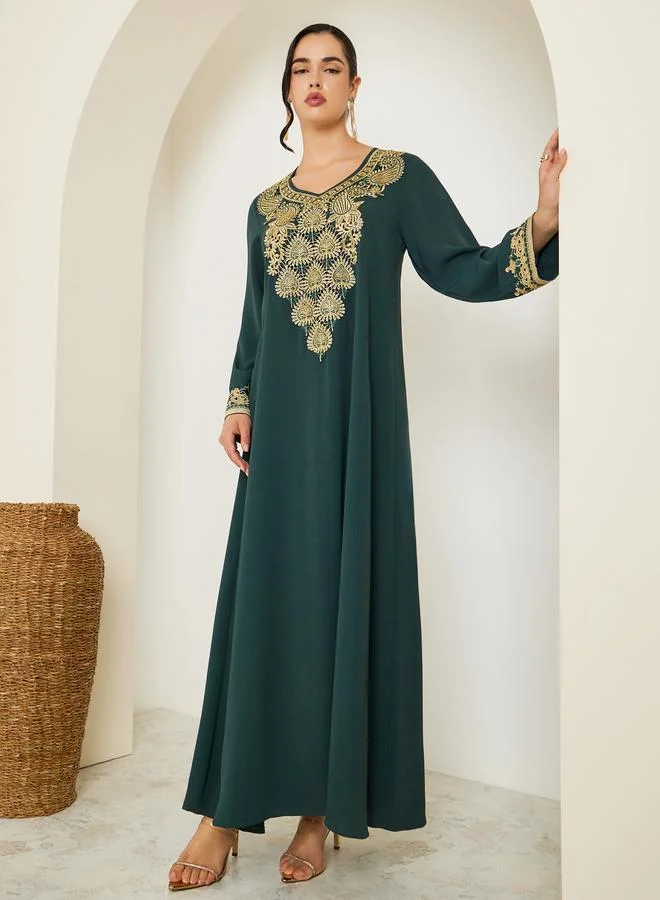 Women Emerald Green Jalabiya with Gold Embroidery