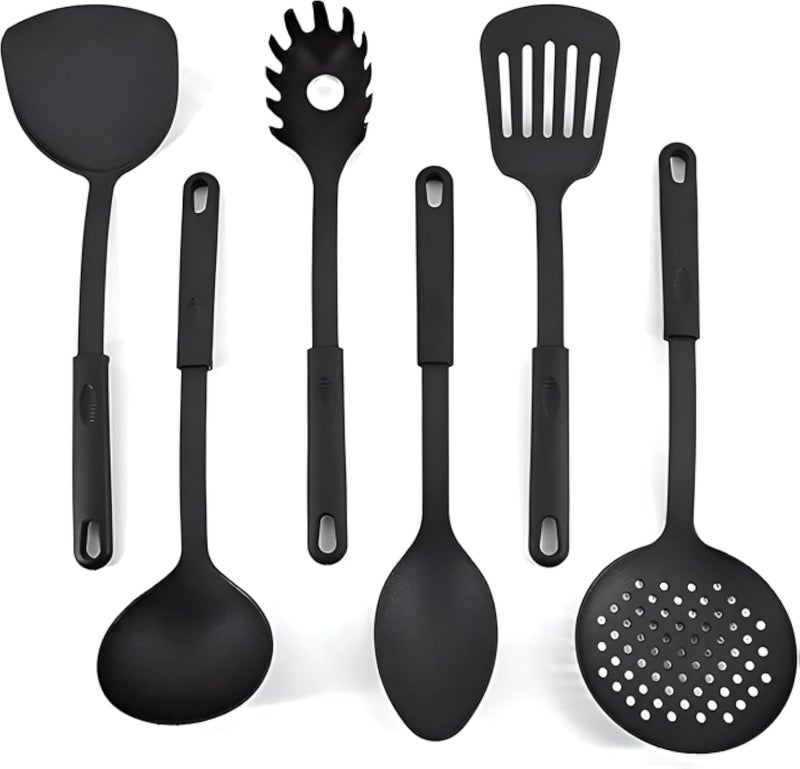 Cooking Tools - Complete your kitchen with this 6-piece set of premium plastic cooking tools, featuring essential items like a rice spoon, ladle, slotted spoon, flat spoon, and tongs.