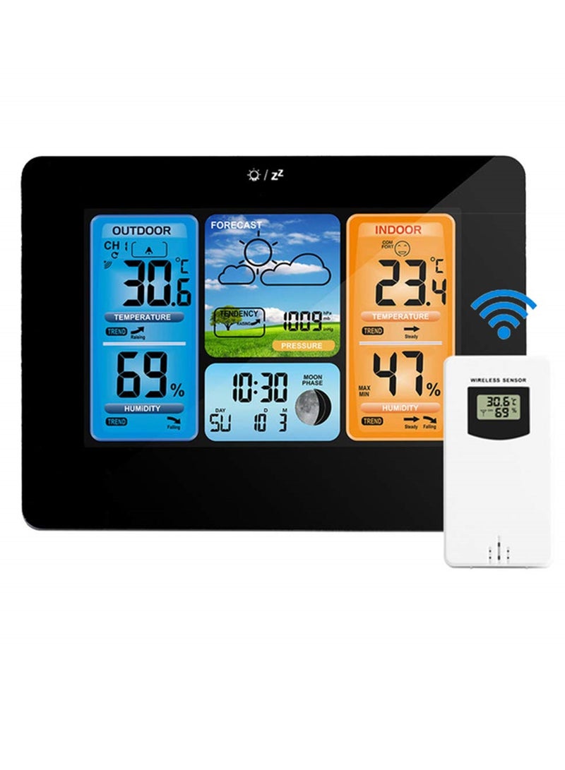 SYOSI Wireless Weather Station with Indoor and Outdoor Monitoring, LCD Display, Temperature, Humidity, Barometric Pressure, Moon Phase, Alarm Clock for Home, Office, Garden, Black - Image 1