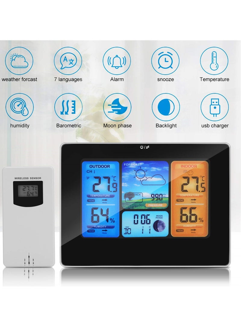 SYOSI Wireless Weather Station with Indoor and Outdoor Monitoring, LCD Display, Temperature, Humidity, Barometric Pressure, Moon Phase, Alarm Clock for Home, Office, Garden, Black - Image 2