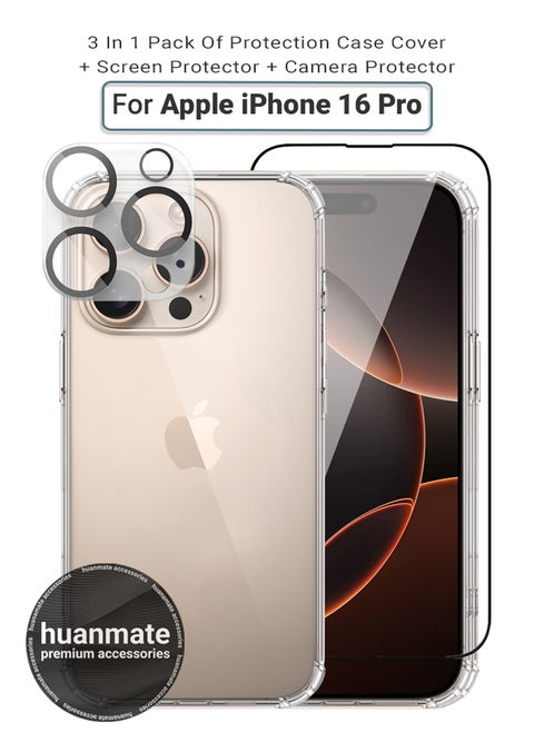 3 in 1 Apple iPhone 16 Pro Protection Pack - Ultra Clear Shockproof Case, Edge-to-Edge Screen Protector & Camera Lens Protector, 360 Degree Full Body Protection for Apple iPhone 16 Pro