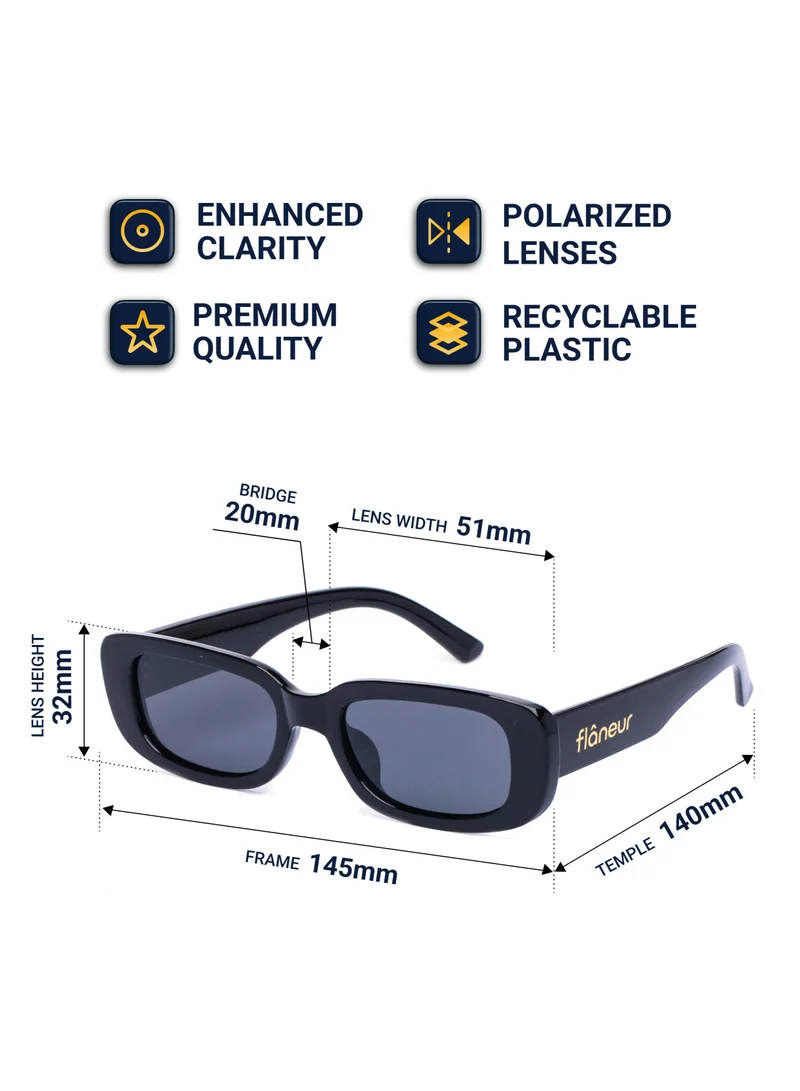 flâneur Stylish Polarized Square Framed Sunglasses For Women and Men Black