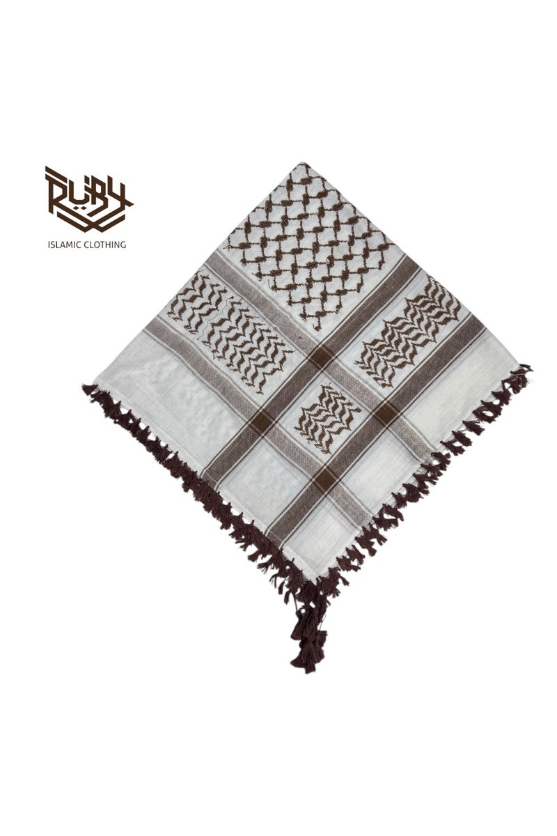 روبي للملابس الإسلامية شماخ كوفية كلاسيكية للأطفال من الشباب بني وأبيض - Image 1