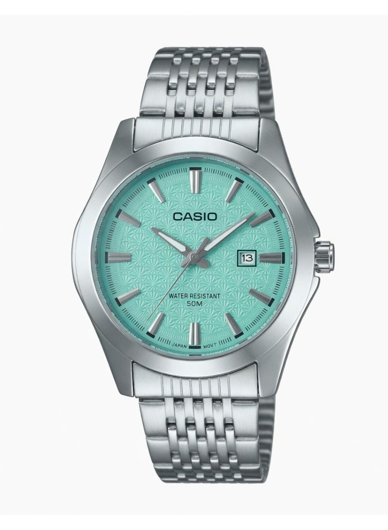 Casio Enticer Men’s Dress Watch with Turquoise Geometric Pattern Dial and Stainless Steel Bracelet - Model MTP-VD03D-3A