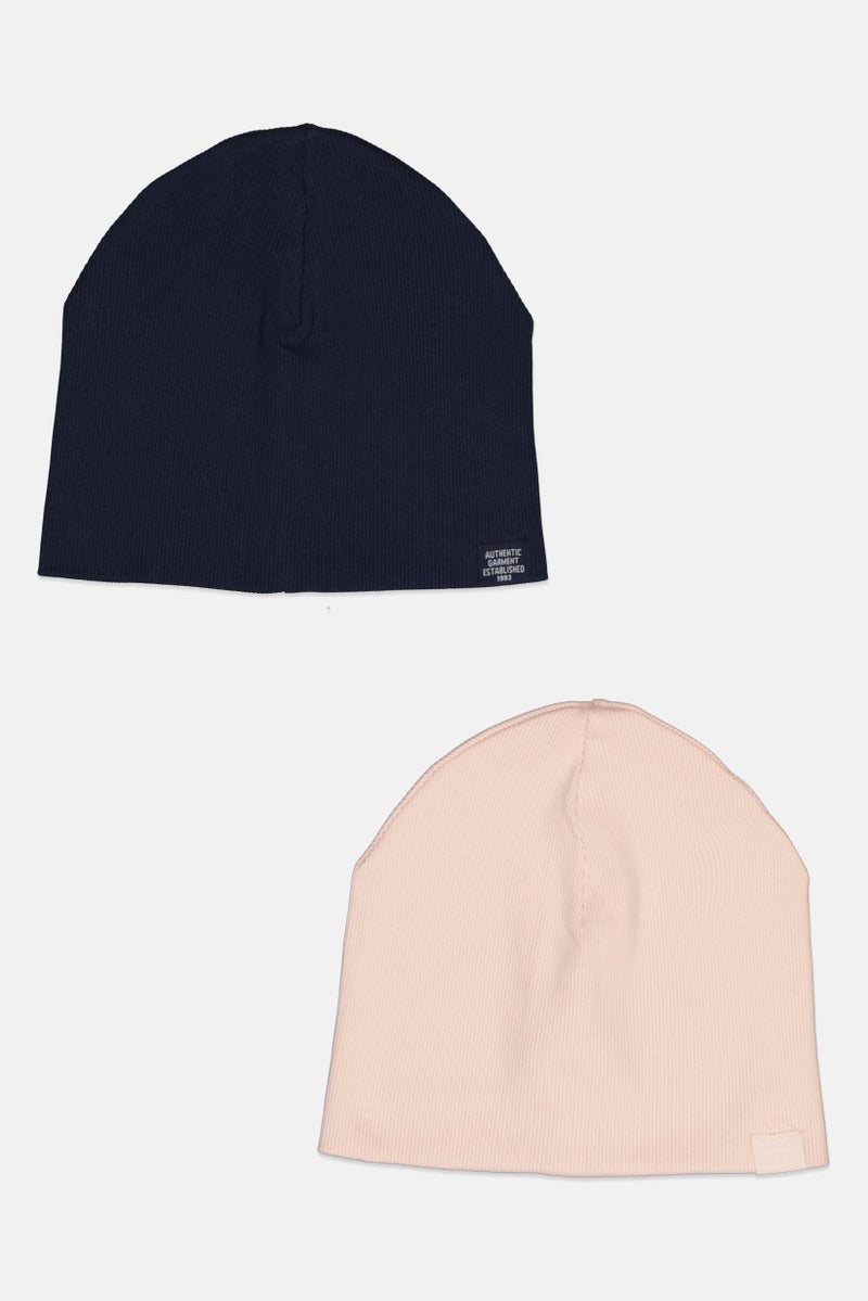 H&M Kids Boy 2 Pcs Ribbed Beanie, Pink/Navy  - Image 1