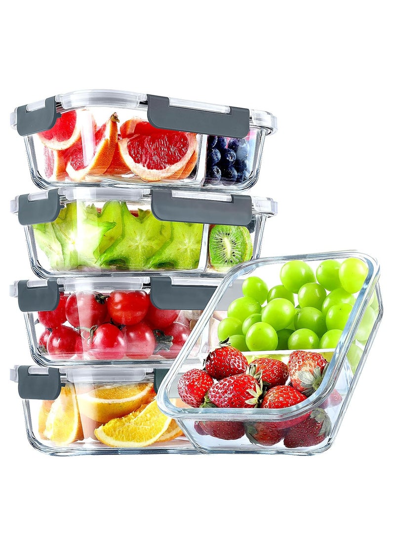 5 Pack Glass Meal Prep Containers 2 Compartment Set, 1000ml Airtight Glass Lunch Containers, Glass Food Storage Containers with Lids, for Microwave, Oven, Freezer & Dishwasher Friendly,Grey - Image 1