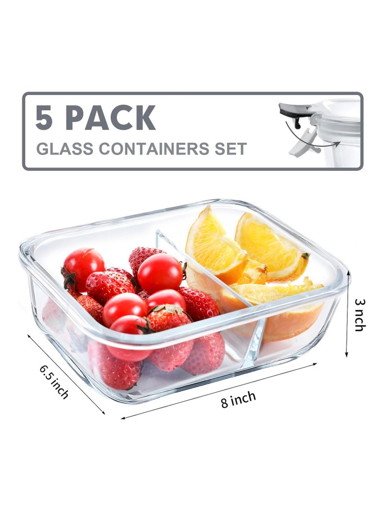 5 Pack Glass Meal Prep Containers 2 Compartment Set, 1000ml Airtight Glass Lunch Containers, Glass Food Storage Containers with Lids, for Microwave, Oven, Freezer & Dishwasher Friendly,Grey - Image 2