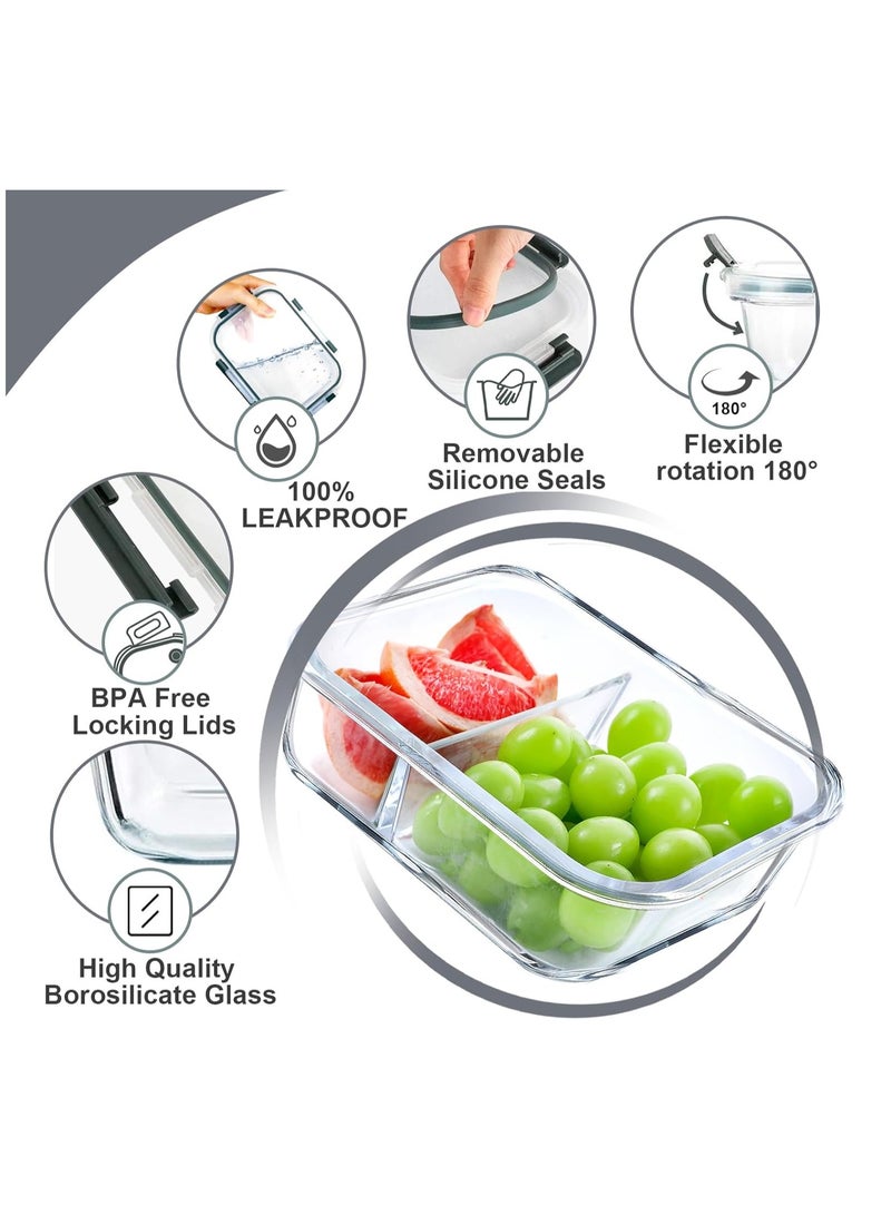 5 Pack Glass Meal Prep Containers 2 Compartment Set, 1000ml Airtight Glass Lunch Containers, Glass Food Storage Containers with Lids, for Microwave, Oven, Freezer & Dishwasher Friendly,Grey - Image 3