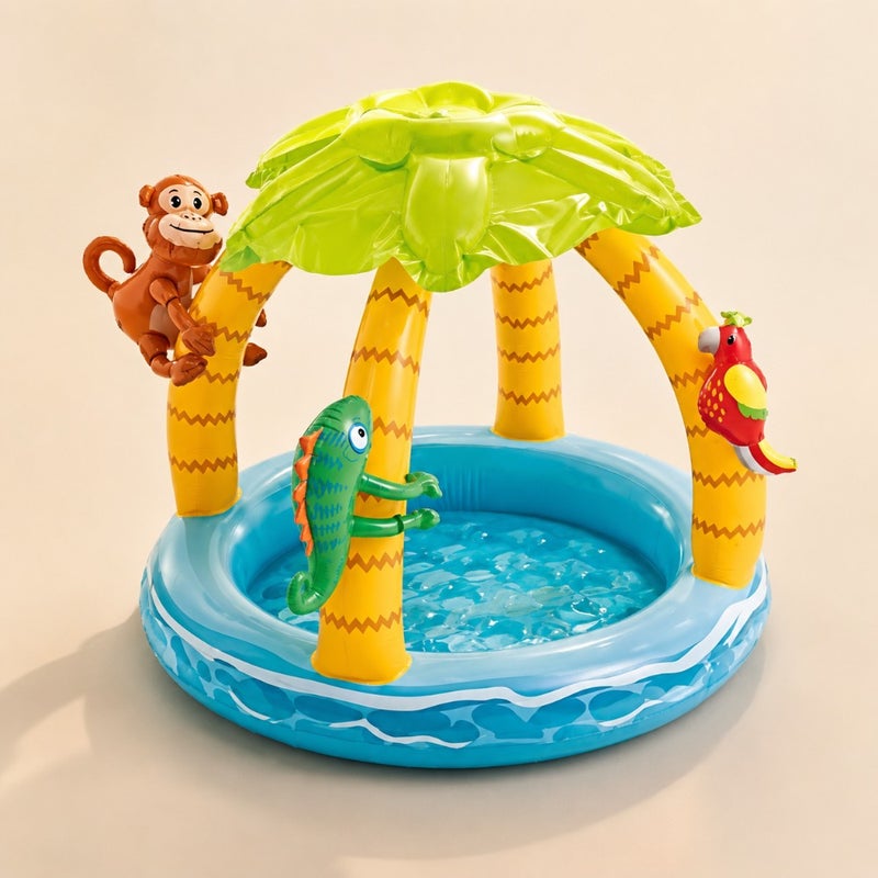 Tropical Island Inflatable Baby Pool for outdoor summer play, PVC material, blue and green color, quick-setup and leak-proof design - Image 1