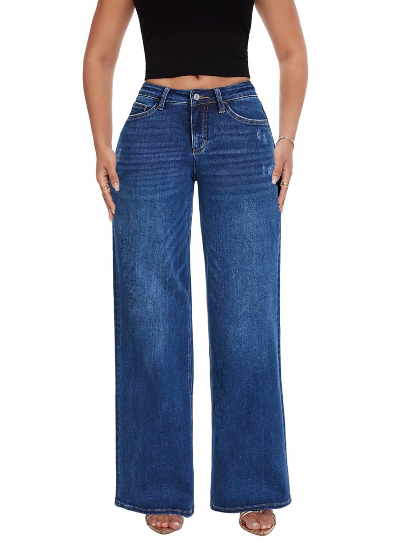 ONESO Mid-Low Rise Baggy Jeans Wide Leg for Women Distressed Pants Stretchy Bottom Lady Basic Comfortable Denim - Image 1