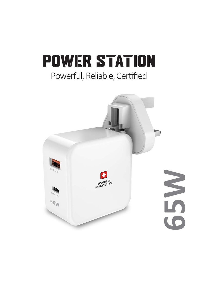 SWISS MILITARY - 65W USB C PD Fast Charger, Dual Port Type-C QC3.0 Wall with Multi Adapter UK/US/AU/EU Plug, compatible with iPhone 14, 14 Pro,Pro Max 13/12/12 Mini/12 Pro/12 Pro Max, Galaxy- White - Image 1