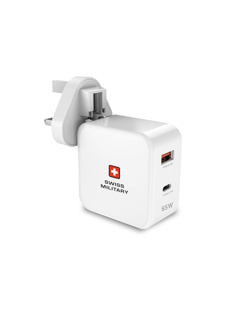 SWISS MILITARY - 65W USB C PD Fast Charger, Dual Port Type-C QC3.0 Wall with Multi Adapter UK/US/AU/EU Plug, compatible with iPhone 14, 14 Pro,Pro Max 13/12/12 Mini/12 Pro/12 Pro Max, Galaxy- White - Image 1