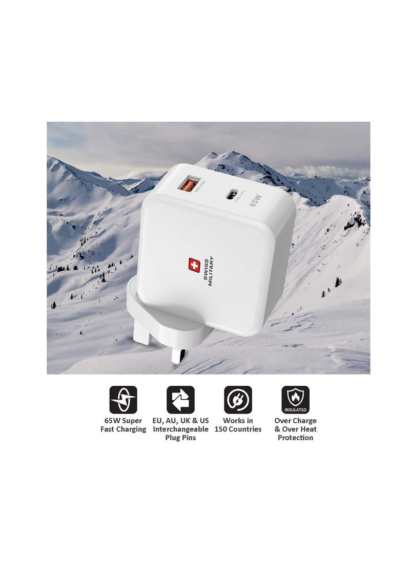 SWISS MILITARY - 65W USB C PD Fast Charger, Dual Port Type-C QC3.0 Wall with Multi Adapter UK/US/AU/EU Plug, compatible with iPhone 14, 14 Pro,Pro Max 13/12/12 Mini/12 Pro/12 Pro Max, Galaxy- White - Image 1