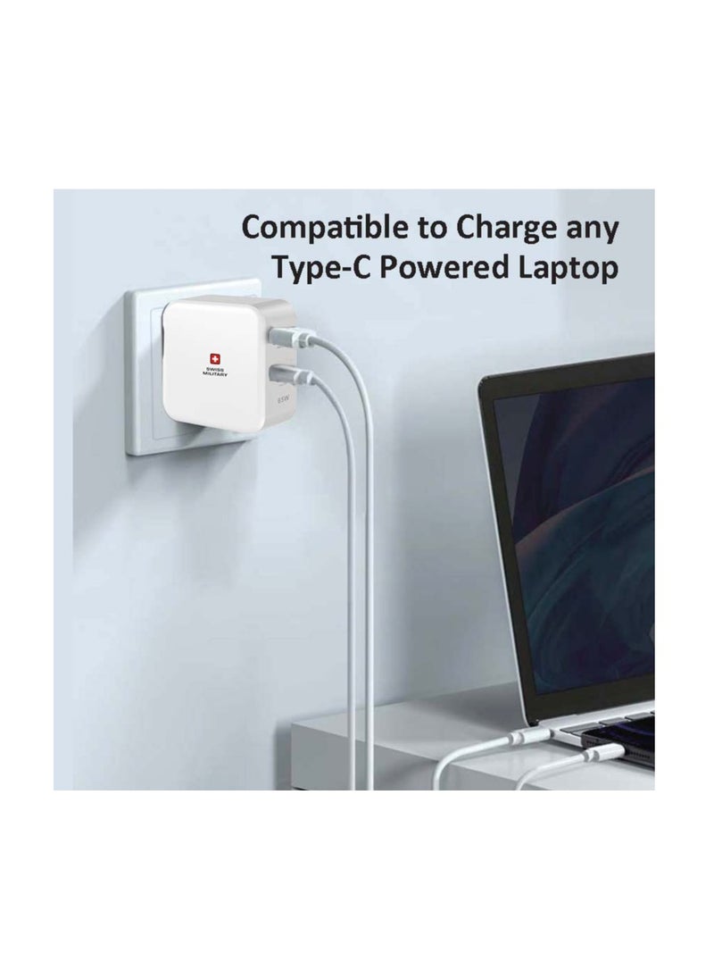 SWISS MILITARY - 65W USB C PD Fast Charger, Dual Port Type-C QC3.0 Wall with Multi Adapter UK/US/AU/EU Plug, compatible with iPhone 14, 14 Pro,Pro Max 13/12/12 Mini/12 Pro/12 Pro Max, Galaxy- White - Image 1