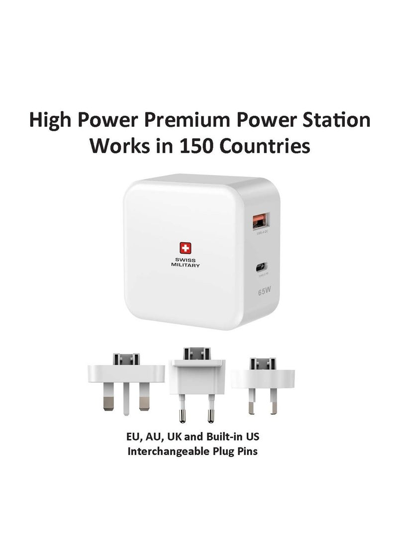 SWISS MILITARY - 65W USB C PD Fast Charger, Dual Port Type-C QC3.0 Wall with Multi Adapter UK/US/AU/EU Plug, compatible with iPhone 14, 14 Pro,Pro Max 13/12/12 Mini/12 Pro/12 Pro Max, Galaxy- White - Image 1