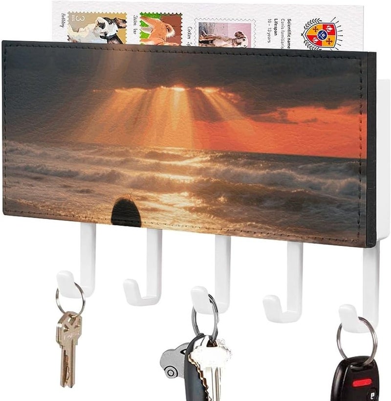 حامل مفاتيح جدار بحر غروب الشمس مع 5 خطافات منظم مفاتيح من جلد البولي يوريثان تخزين مدخل هدية تزيين منزل - Image 1