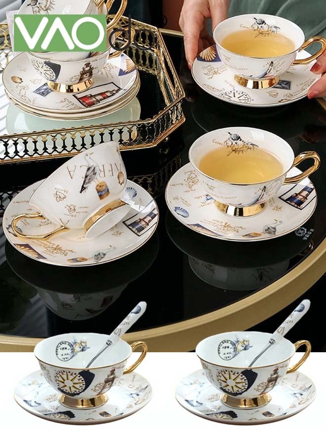 فاو دو 2 قطع القهوة والصحن مجموعة مع ملعقة رقيقة من خلال العظام الصين مرسومة باليد الذهب الأسود الشاي فنجان بعد الظهر والصحن ملعقة مجموعة - Image 1