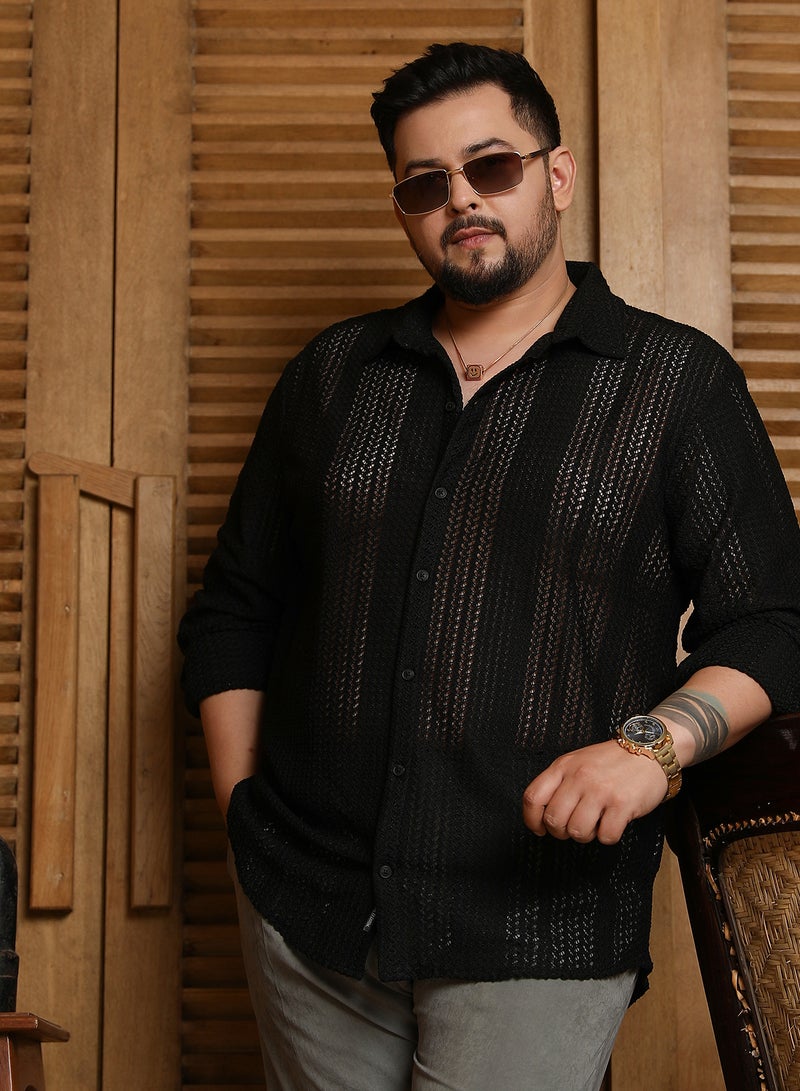 Instafab Plus Men's Onyx Black Chevron Open-Knit Shirt For Casual Wear | Spread Collar | Long Cuffed Sleeves | Button Closure | Plus Size Shirt Crafted With Comfort Fit For Everyday Wear - Image 1
