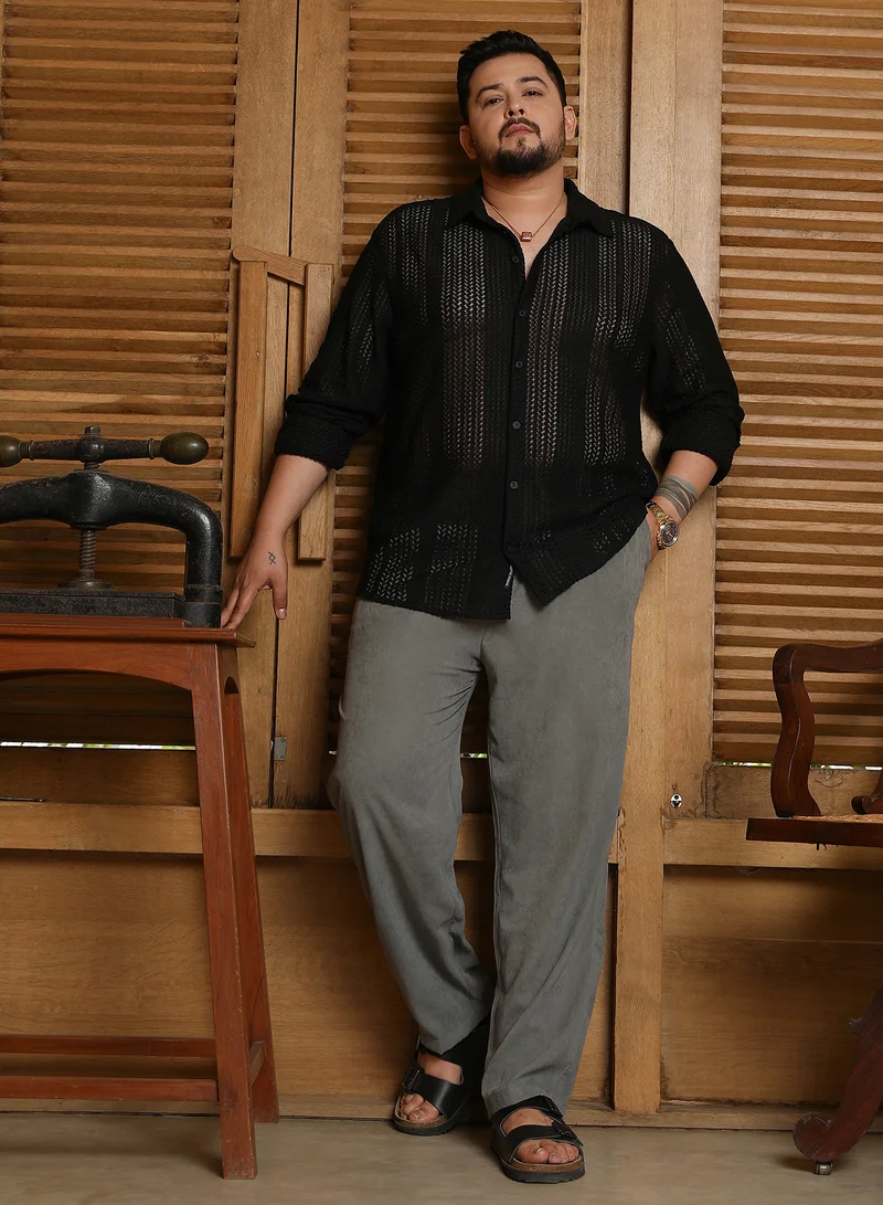 Instafab Plus  Instafab Plus Men's Onyx Black Chevron Open-Knit Shirt For Casual Wear | Spread Collar | Long Cuffed Sleeves | Button Closure | Plus Size Shirt Crafted With Comfort Fit For Everyday Wear for Men | Best Price UAE