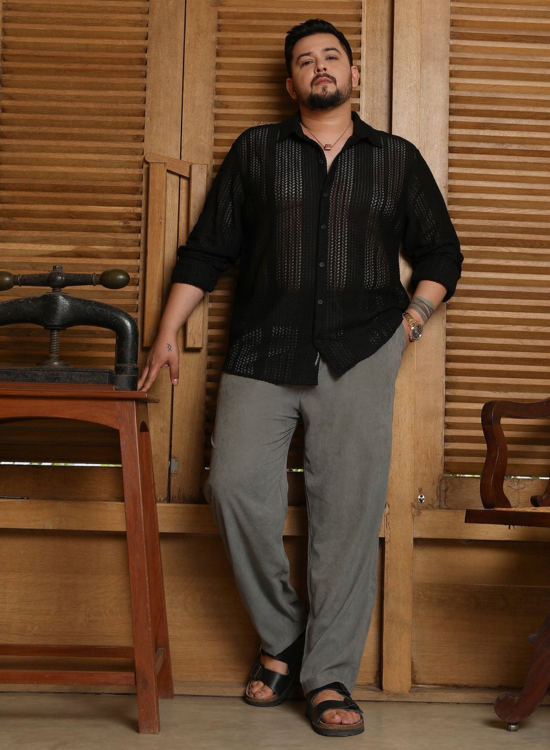 Instafab Plus Men's Onyx Black Chevron Open-Knit Shirt For Casual Wear | Spread Collar | Long Cuffed Sleeves | Button Closure | Plus Size Shirt Crafted With Comfort Fit For Everyday Wear - Image 5