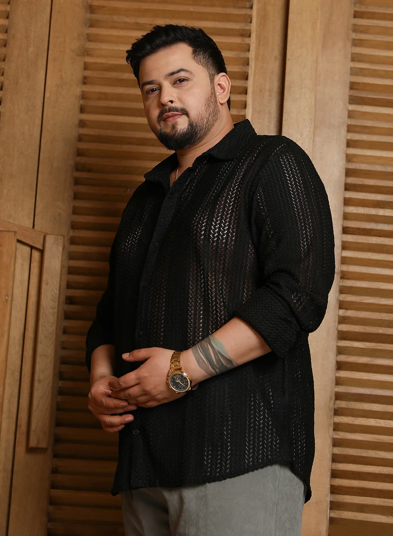 Instafab Plus  Instafab Plus Men's Onyx Black Chevron Open-Knit Shirt For Casual Wear | Spread Collar | Long Cuffed Sleeves | Button Closure | Plus Size Shirt Crafted With Comfort Fit For Everyday Wear for Men | Best Price UAE