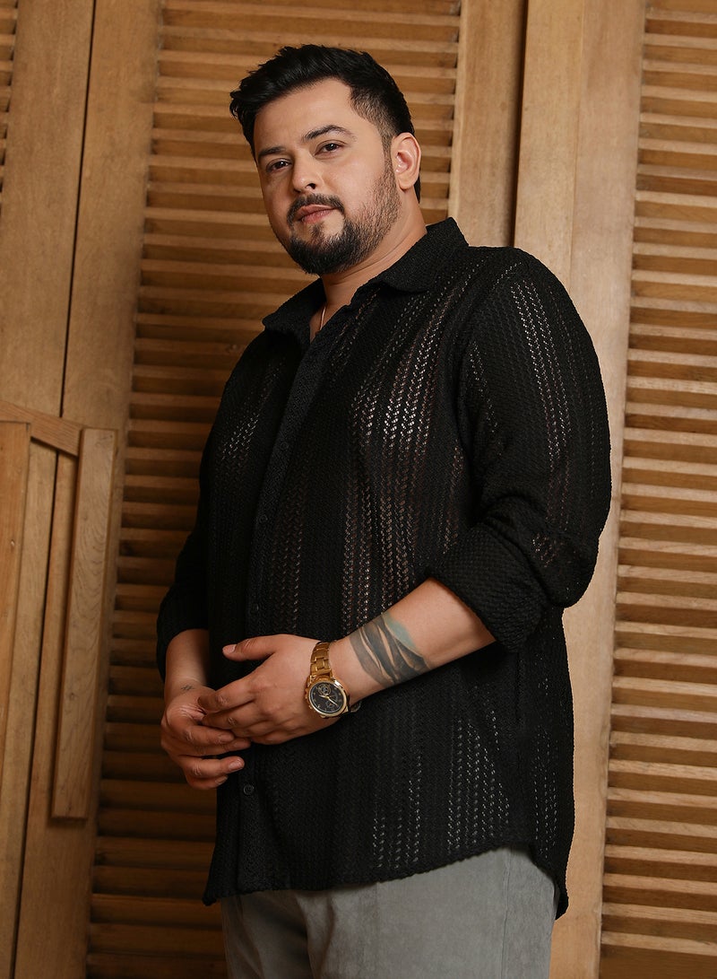 Instafab Plus Men's Onyx Black Chevron Open-Knit Shirt For Casual Wear | Spread Collar | Long Cuffed Sleeves | Button Closure | Plus Size Shirt Crafted With Comfort Fit For Everyday Wear - Image 3