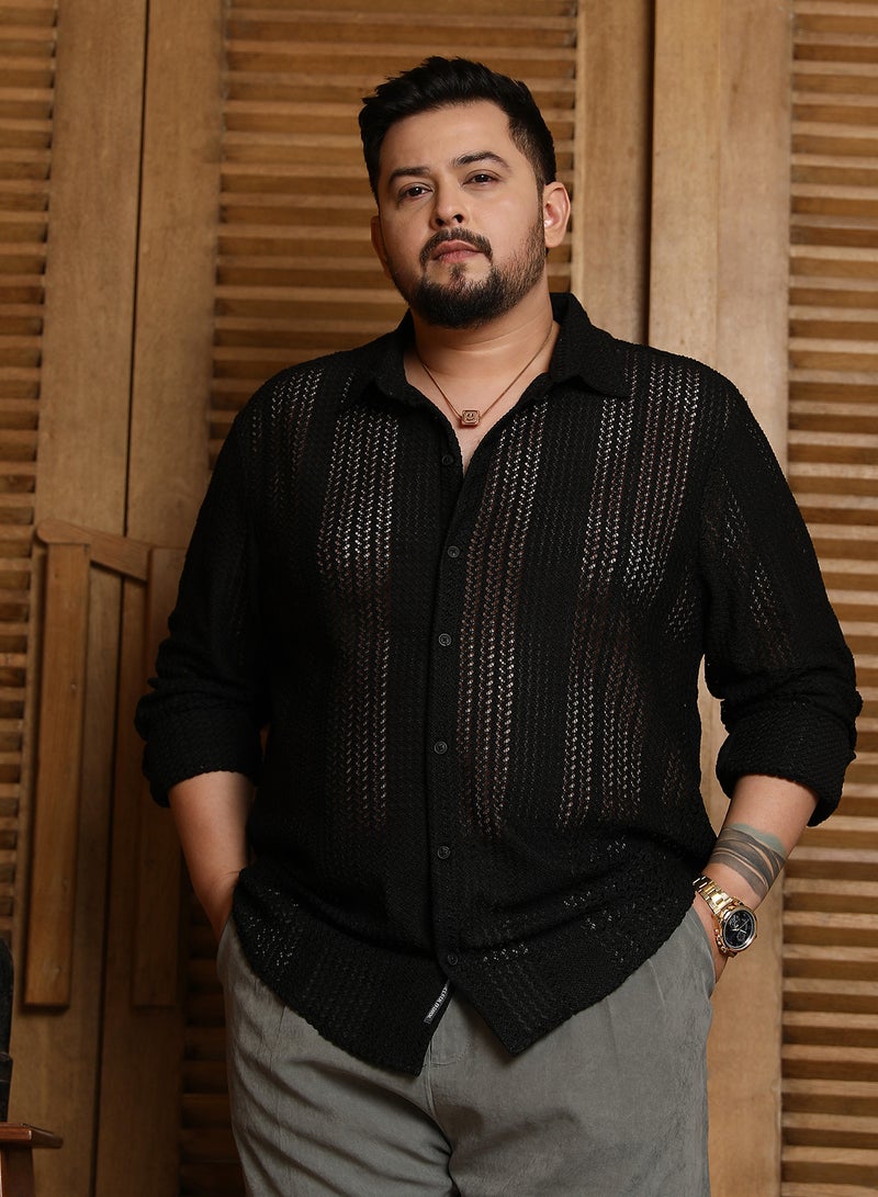Instafab Plus Men's Onyx Black Chevron Open-Knit Shirt For Casual Wear | Spread Collar | Long Cuffed Sleeves | Button Closure | Plus Size Shirt Crafted With Comfort Fit For Everyday Wear - Image 2