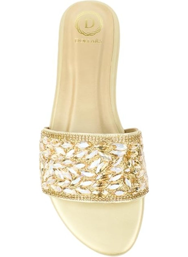 Dollar's Fashion Open Toe Slip On Flats Women Sandals, Crystal Embellished Elegant Synthetic Leather Ladies Fashion Footwear (Gold) - Image 4